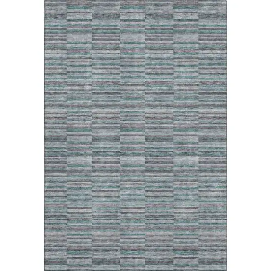 Teal And Gray Striped Washable Area Rug With UV Protection Photo 1