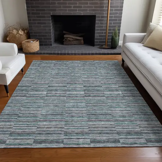 Teal And Gray Striped Washable Area Rug With UV Protection Photo 5