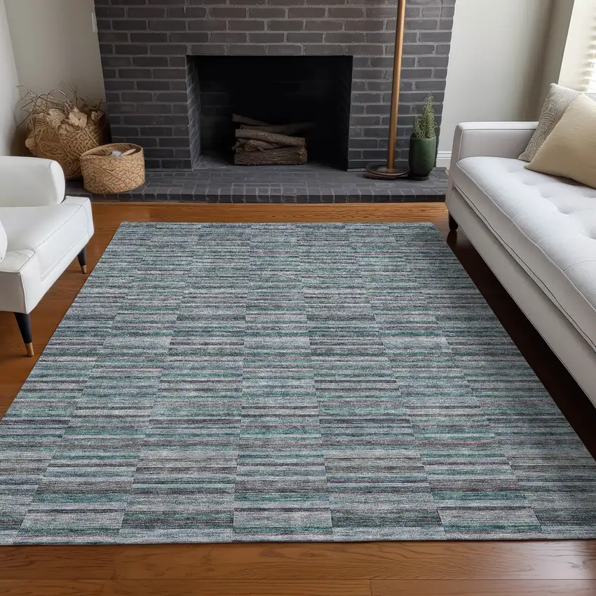 Teal And Gray Striped Washable Area Rug With UV Protection Photo 5