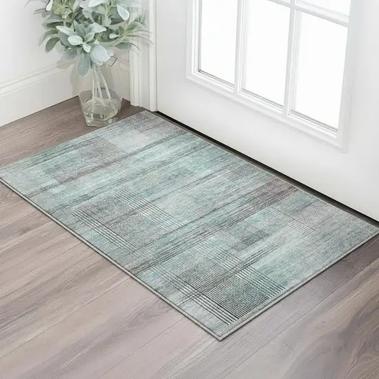 Teal And Gray Striped Washable Area Rug With UV Protection Photo 2