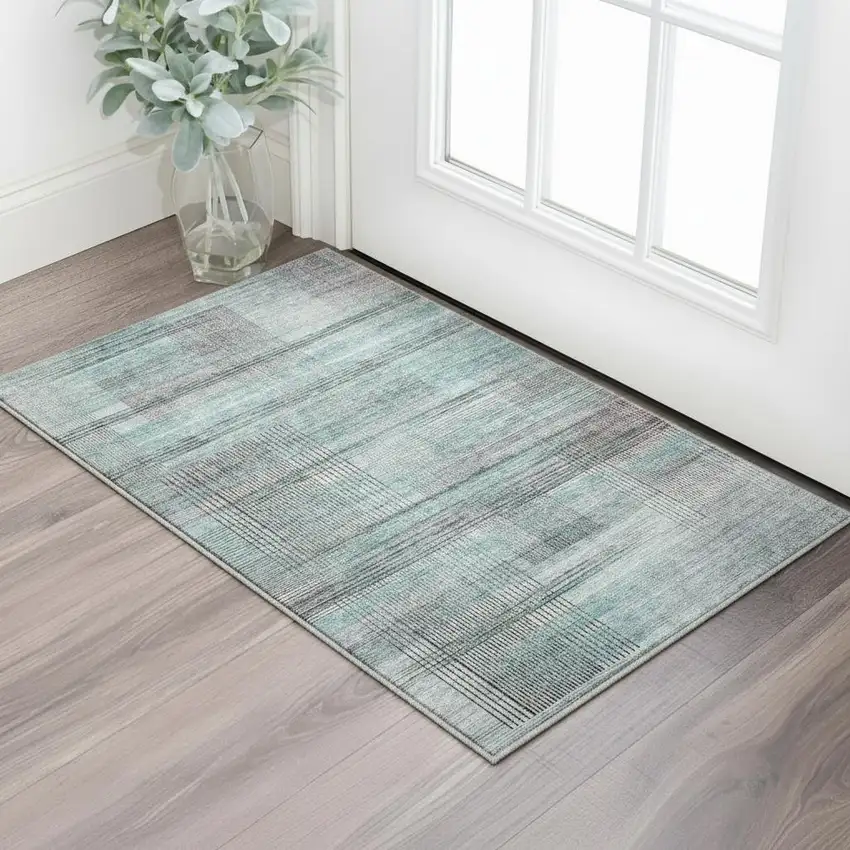 Teal And Gray Striped Washable Area Rug With UV Protection Photo 2