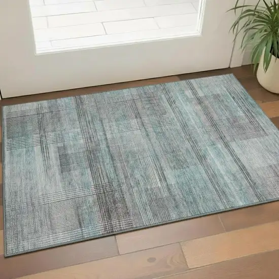 Teal And Gray Striped Washable Area Rug With UV Protection Photo 1
