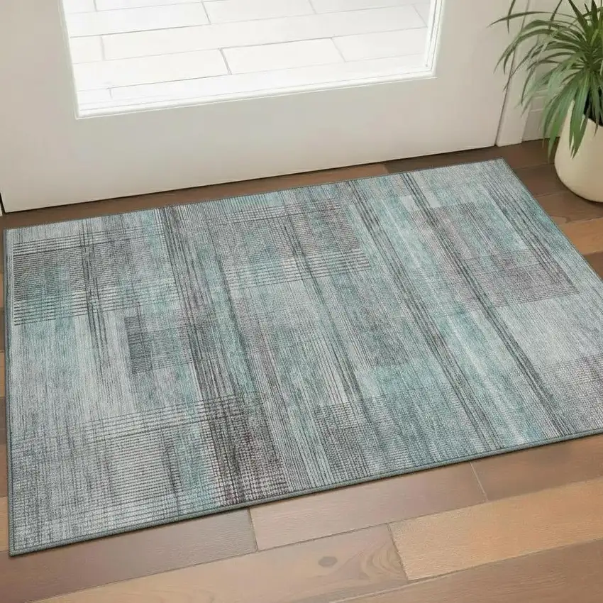 Teal And Gray Striped Washable Area Rug With UV Protection Photo 1