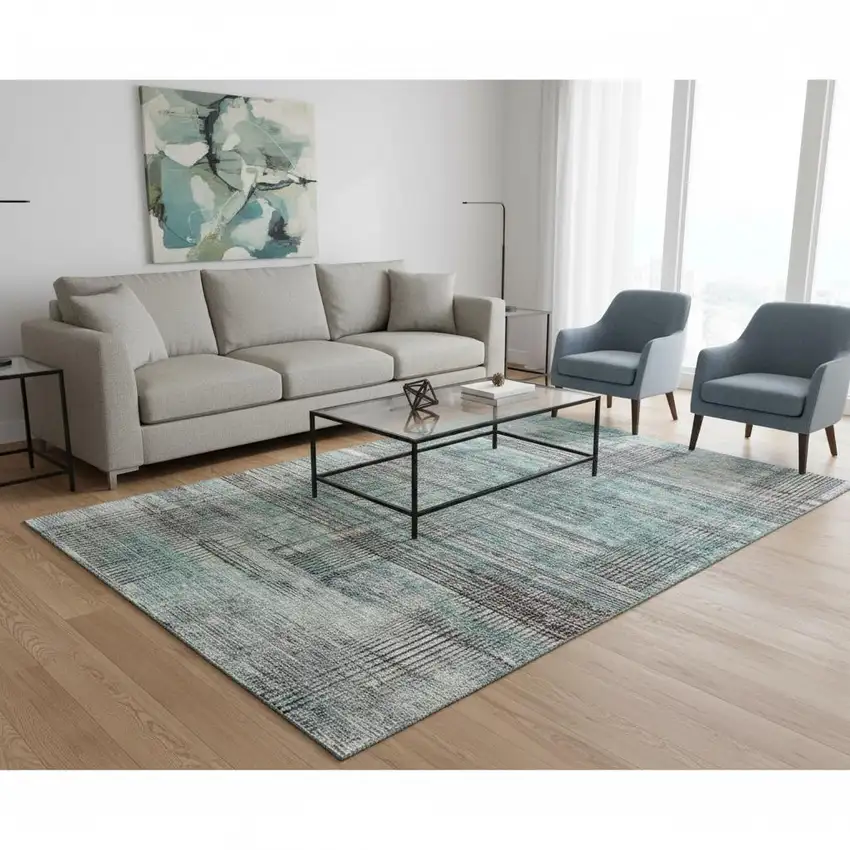 Teal And Gray Striped Washable Area Rug With UV Protection Photo 2