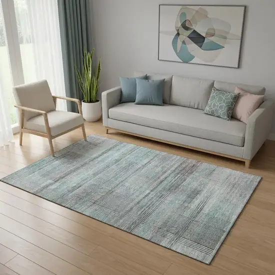 Teal And Gray Striped Washable Area Rug With UV Protection Photo 1