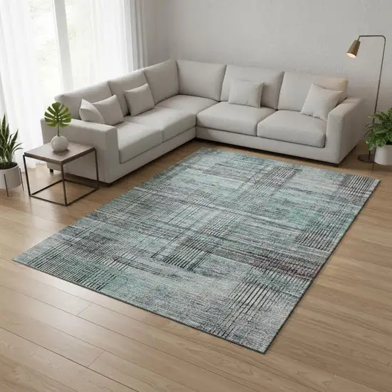 Teal And Gray Striped Washable Area Rug With UV Protection Photo 2