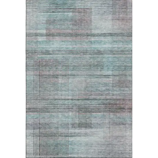 Teal And Gray Striped Washable Area Rug With UV Protection Photo 1