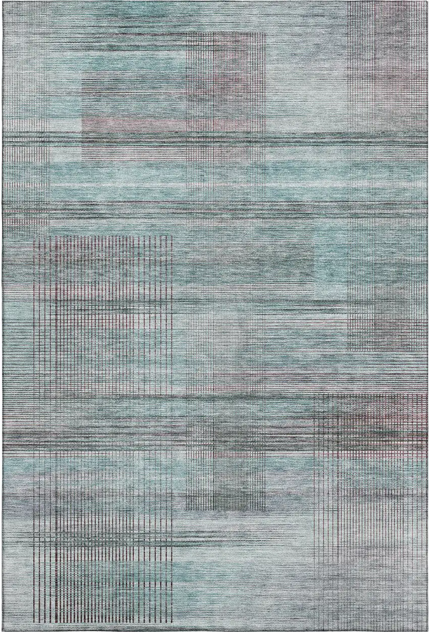 Teal And Gray Striped Washable Area Rug With UV Protection Photo 1