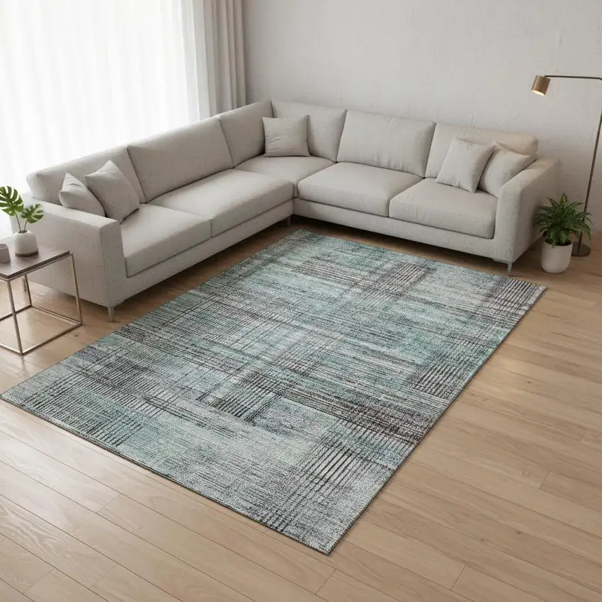 Teal And Gray Striped Washable Area Rug With UV Protection Photo 2