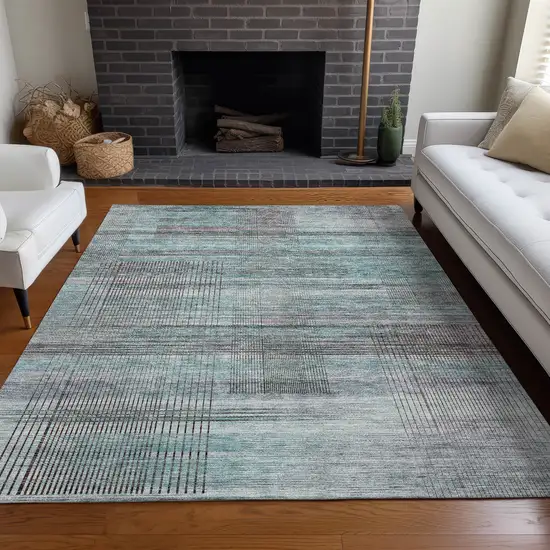 Teal And Gray Striped Washable Area Rug With UV Protection Photo 5