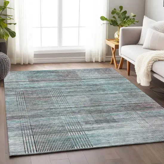 Teal And Gray Striped Washable Area Rug With UV Protection Photo 6