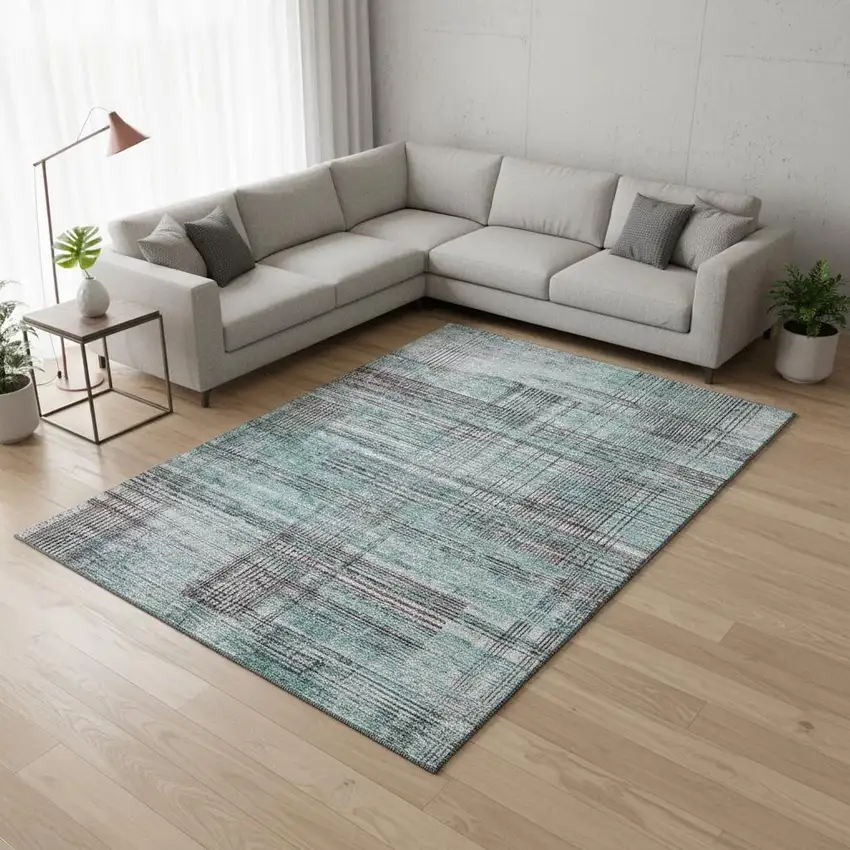 Teal And Gray Striped Washable Area Rug With UV Protection Photo 2