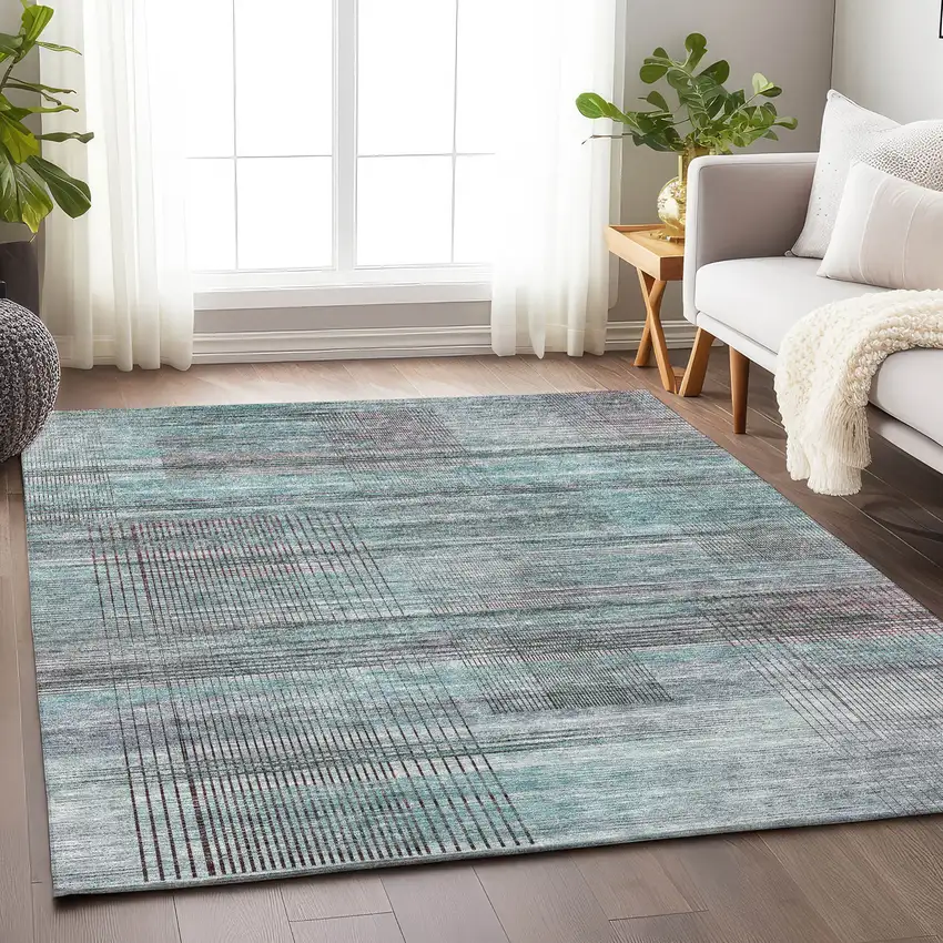 Teal And Gray Striped Washable Area Rug With UV Protection Photo 6