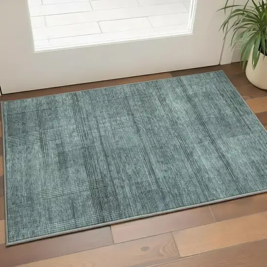 Teal And Gray Striped Washable Area Rug With UV Protection Photo 2