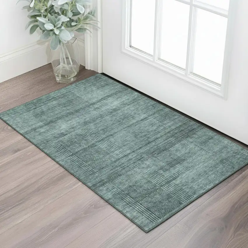 Teal And Gray Striped Washable Area Rug With UV Protection Photo 1