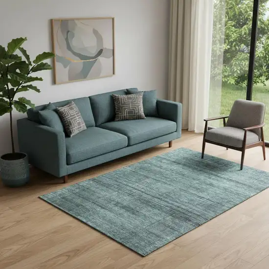 Teal And Gray Striped Washable Area Rug With UV Protection Photo 1