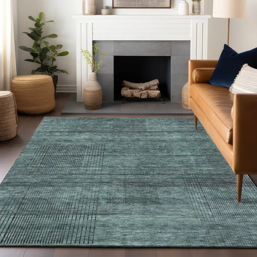 Teal And Gray Striped Washable Area Rug With UV Protection Photo 6