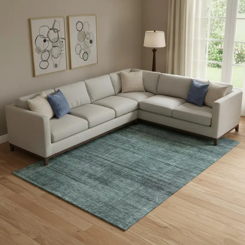 Teal And Gray Striped Washable Area Rug With UV Protection Photo 1