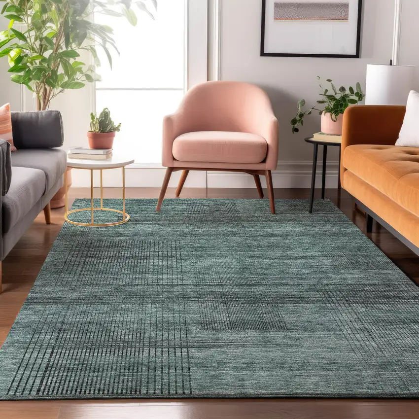 Teal And Gray Striped Washable Area Rug With UV Protection Photo 6
