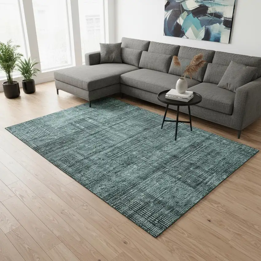 Teal And Gray Striped Washable Area Rug With UV Protection Photo 2