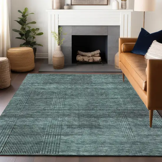 Teal And Gray Striped Washable Area Rug With UV Protection Photo 6