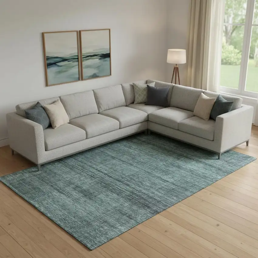 Teal And Gray Striped Washable Area Rug With UV Protection Photo 1