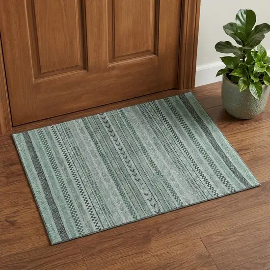 Teal And Gray Striped Washable Area Rug With UV Protection Photo 1