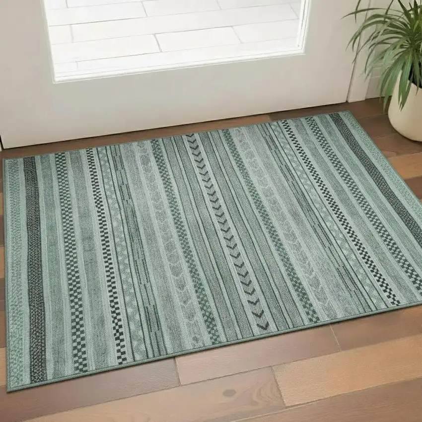 Teal And Gray Striped Washable Area Rug With UV Protection Photo 2