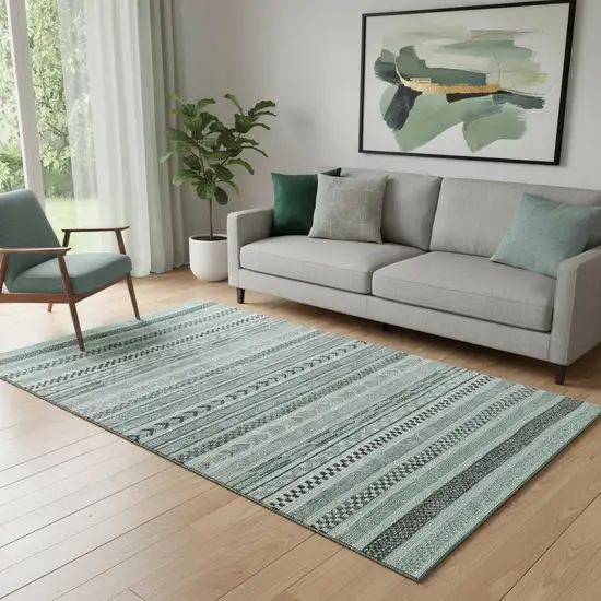 Teal And Gray Striped Washable Area Rug With UV Protection Photo 2