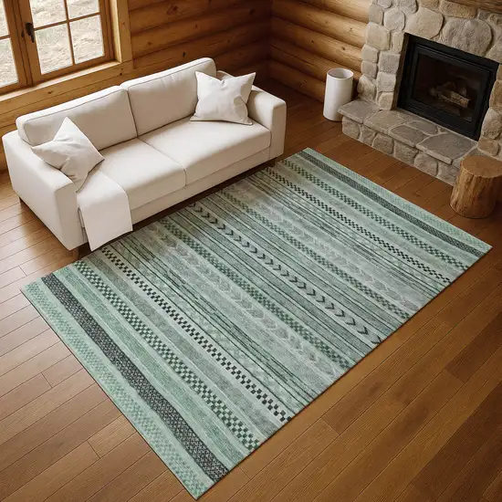 Teal And Gray Striped Washable Area Rug With UV Protection Photo 5