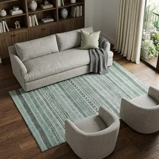 Teal And Gray Striped Washable Area Rug With UV Protection Photo 1