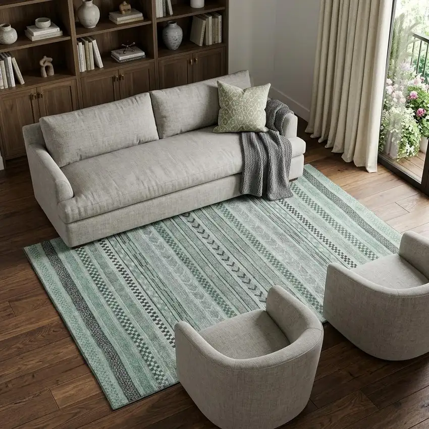 Teal And Gray Striped Washable Area Rug With UV Protection Photo 1