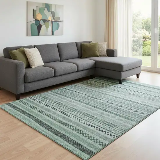 Teal And Gray Striped Washable Area Rug With UV Protection Photo 2