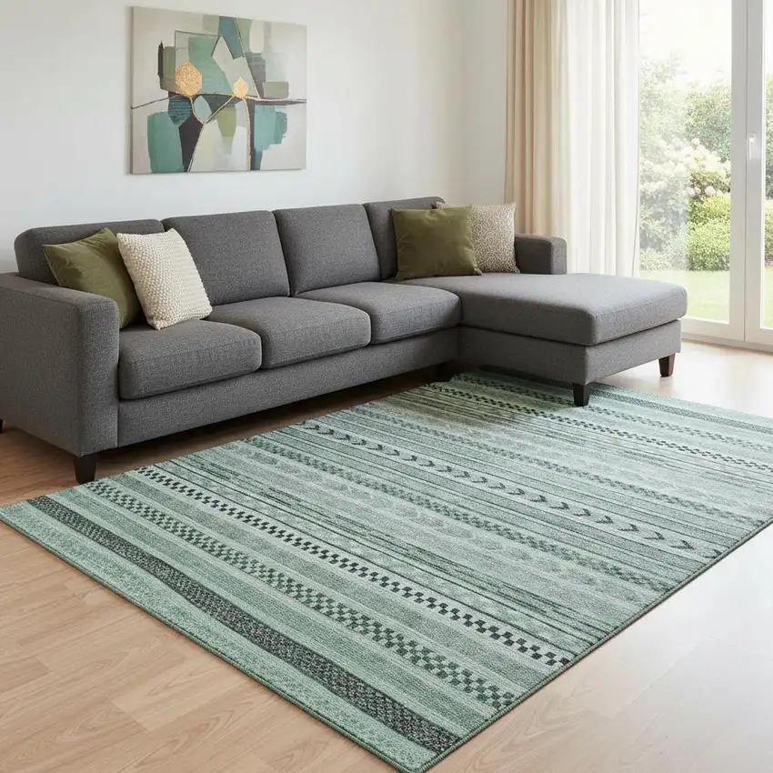 Teal And Gray Striped Washable Area Rug With UV Protection Photo 2