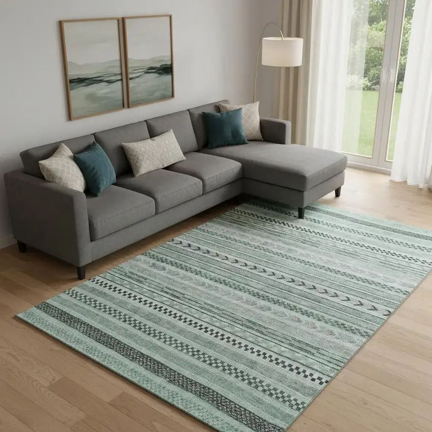 Teal And Gray Striped Washable Area Rug With UV Protection Photo 2