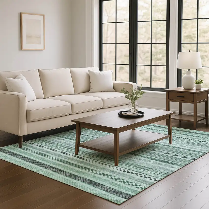 Teal And Gray Striped Washable Area Rug With UV Protection Photo 4