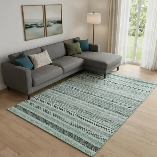 Teal And Gray Striped Washable Area Rug With UV Protection Photo 2