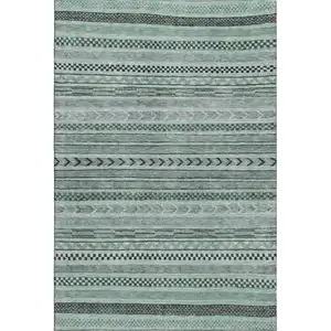 Photo of Teal And Gray Striped Washable Area Rug With UV Protection