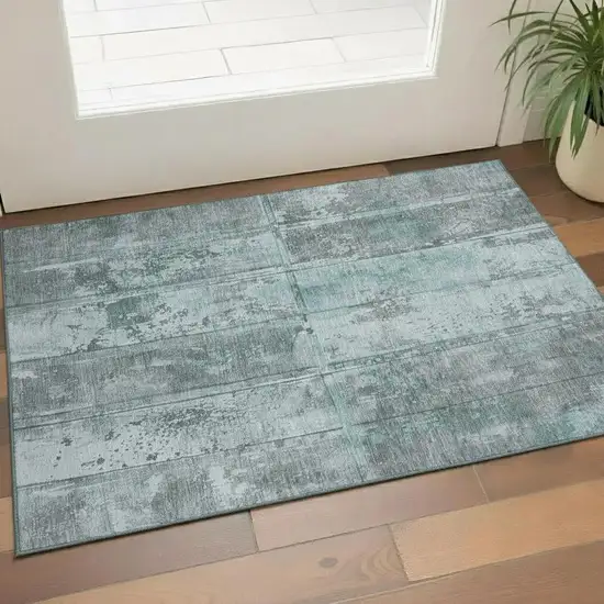 Teal And Gray Striped Washable Area Rug With UV Protection Photo 2