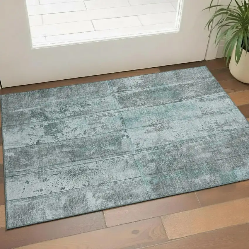 Teal And Gray Striped Washable Area Rug With UV Protection Photo 2