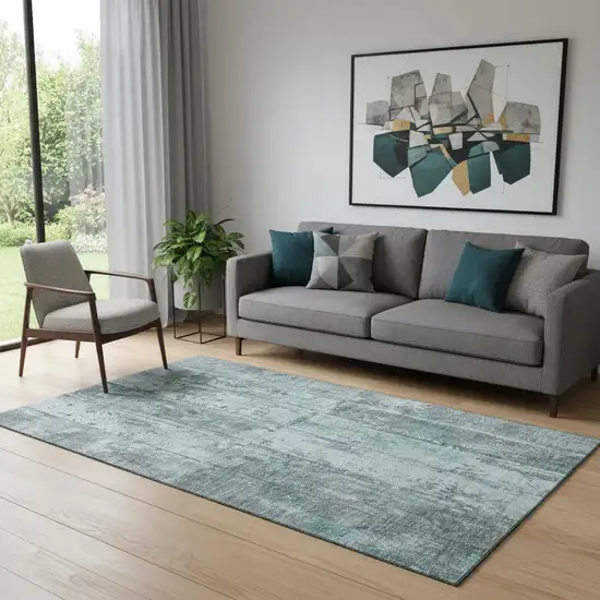 Teal And Gray Striped Washable Area Rug With UV Protection Photo 2