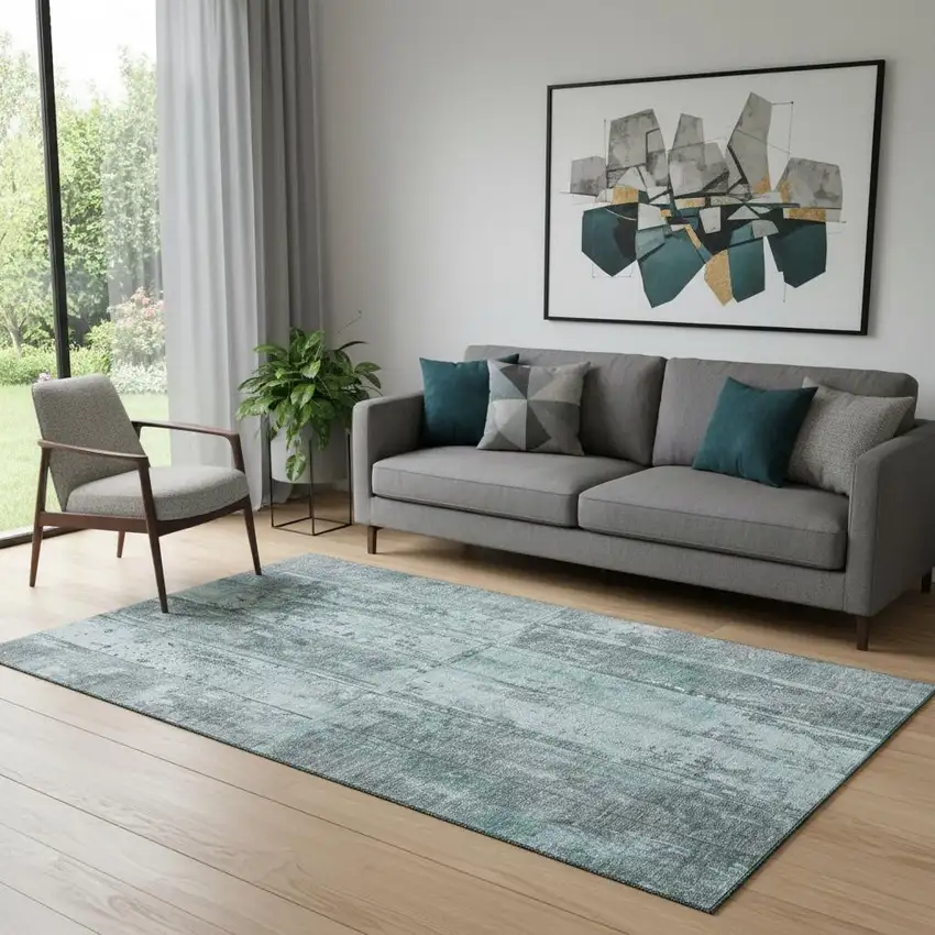 Teal And Gray Striped Washable Area Rug With UV Protection Photo 2