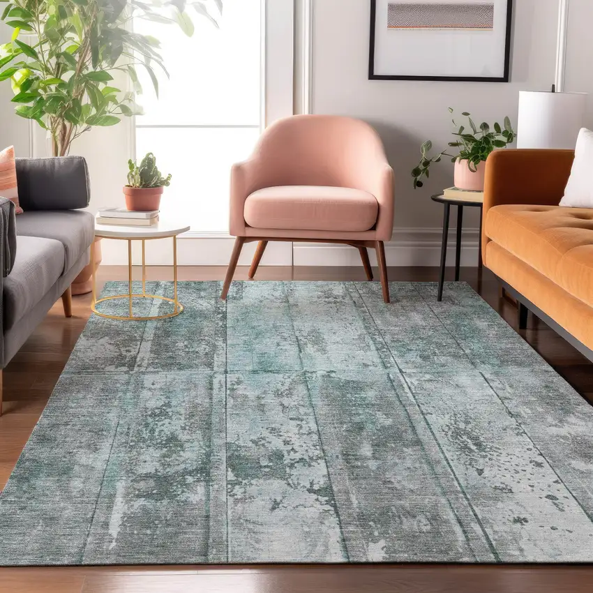 Teal And Gray Striped Washable Area Rug With UV Protection Photo 5
