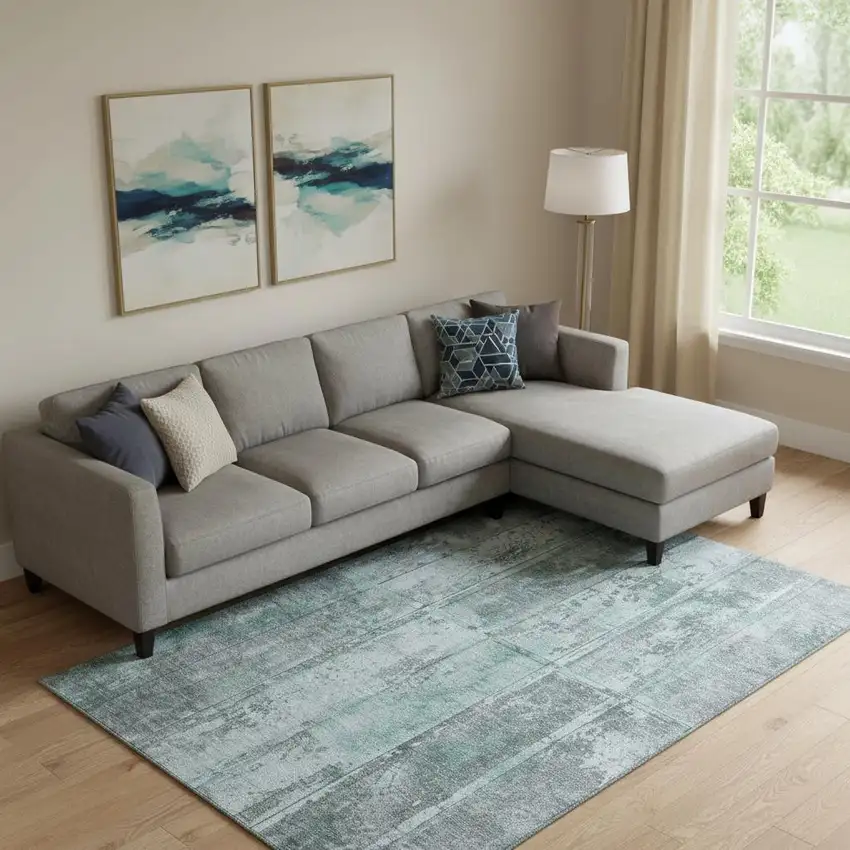 Teal And Gray Striped Washable Area Rug With UV Protection Photo 2