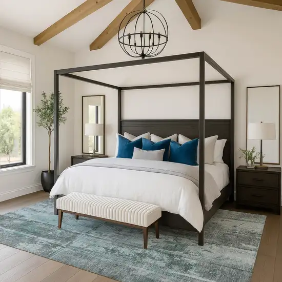 Teal And Gray Striped Washable Area Rug With UV Protection Photo 4