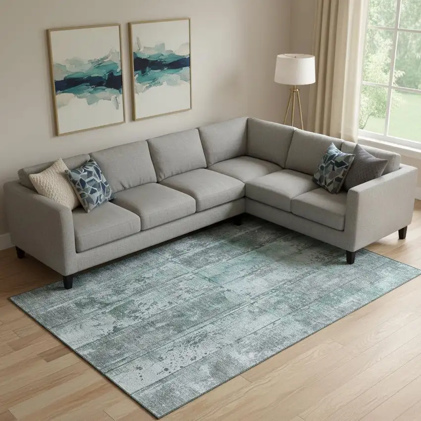 Teal And Gray Striped Washable Area Rug With UV Protection Photo 2