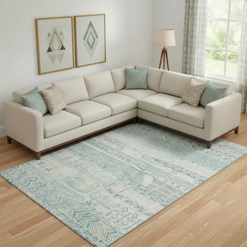 Teal And Gray Striped Washable Area Rug With UV Protection Photo 2