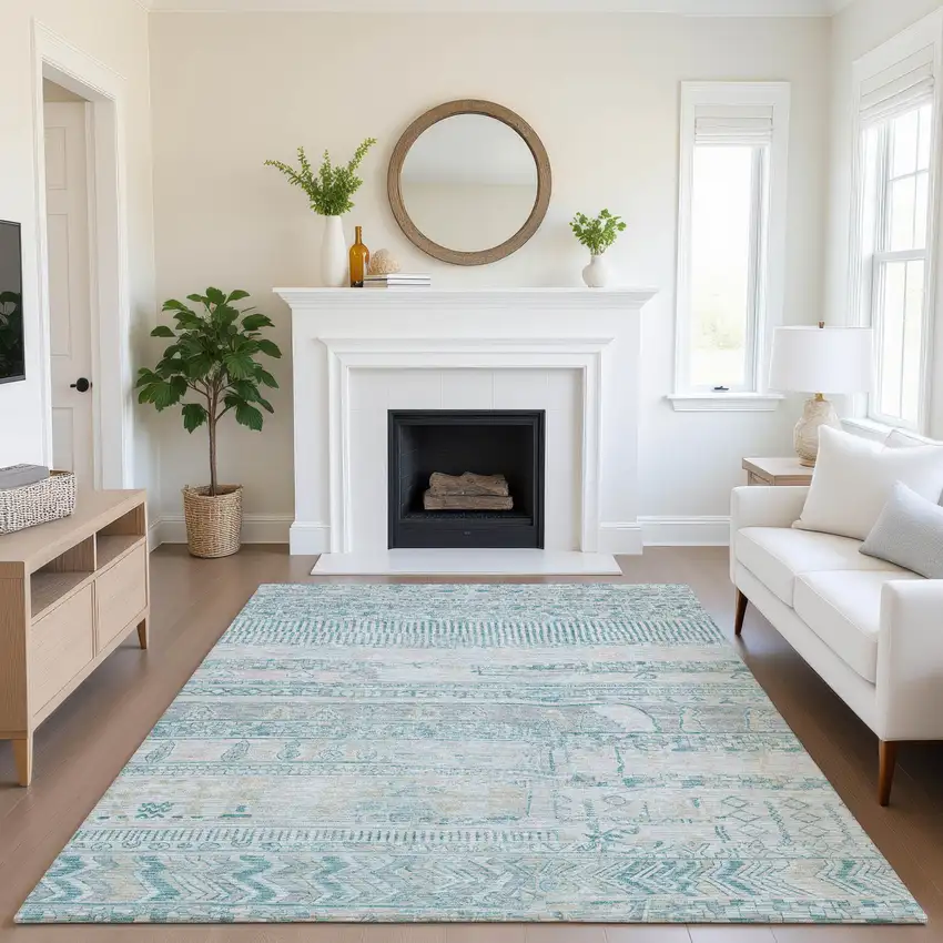 Teal And Gray Striped Washable Area Rug With UV Protection Photo 4