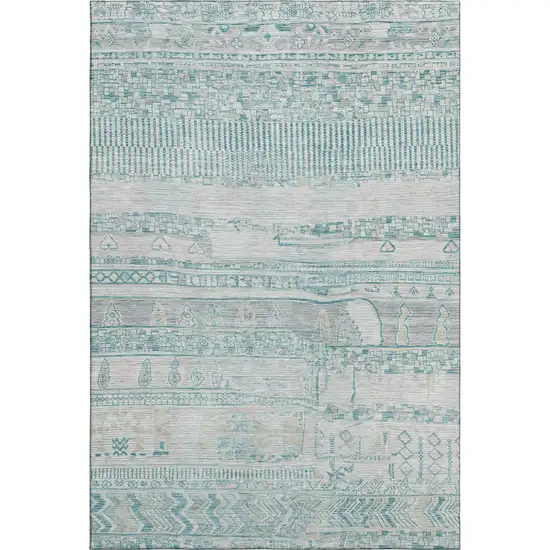 Teal And Gray Striped Washable Area Rug With UV Protection Photo 1