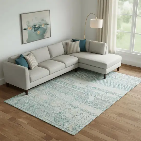 Teal And Gray Striped Washable Area Rug With UV Protection Photo 2